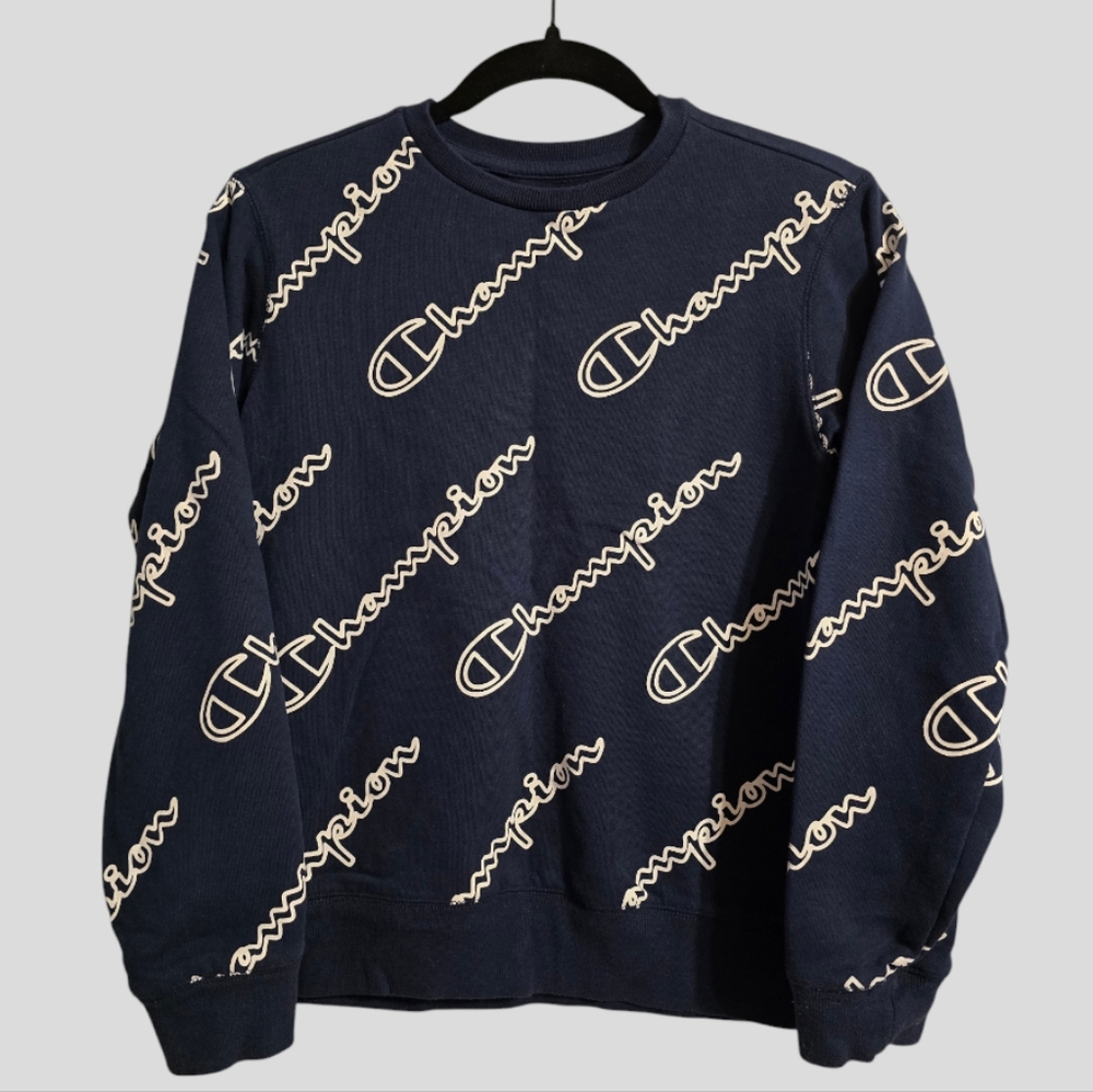Champion Sweatshirt Boys Youth L (14-16) Navy All-Over-Print Embroidered Logo